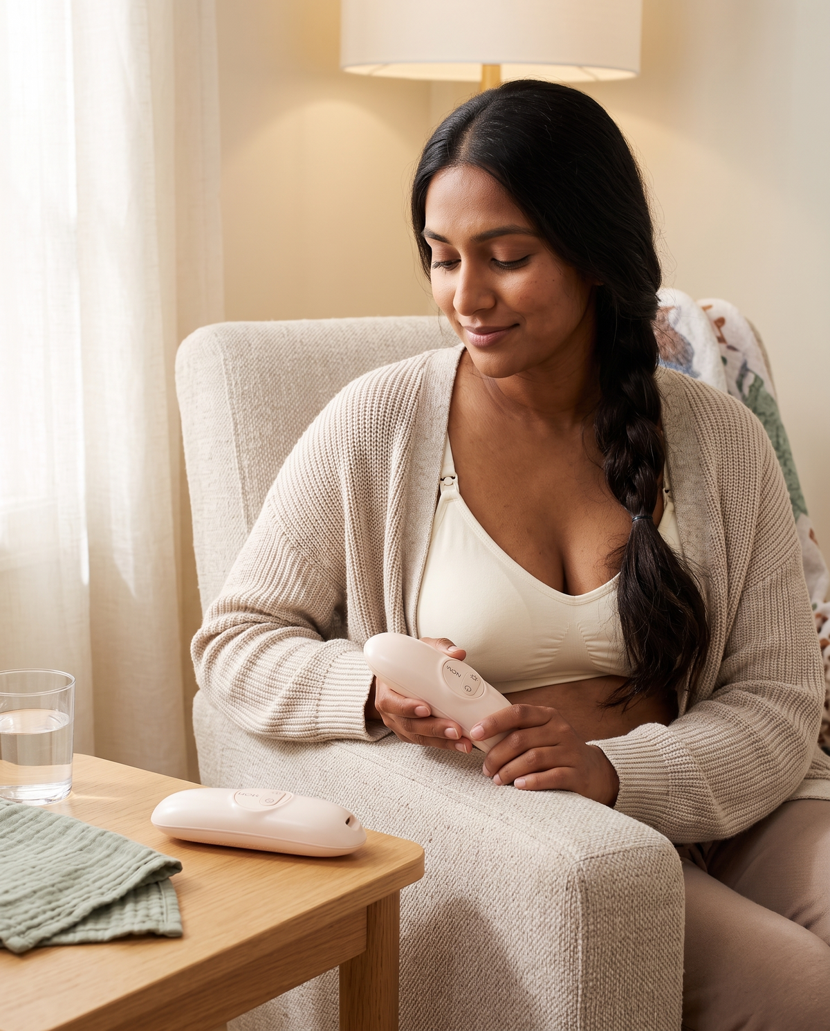 New mother in a nursing chair holding a warming lactation massager