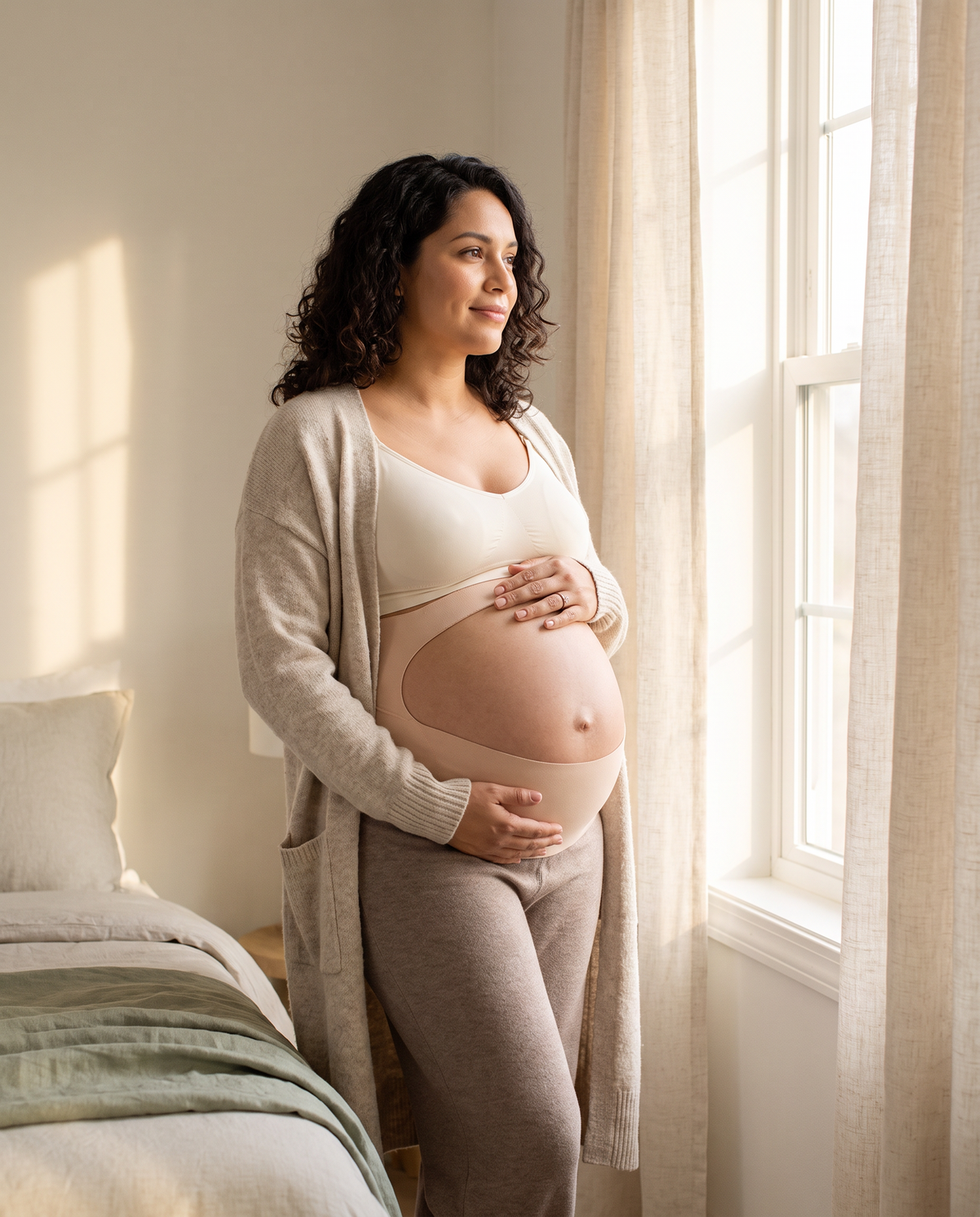 Pregnant woman by a sunlit window wearing a seamless support band under an open cardigan