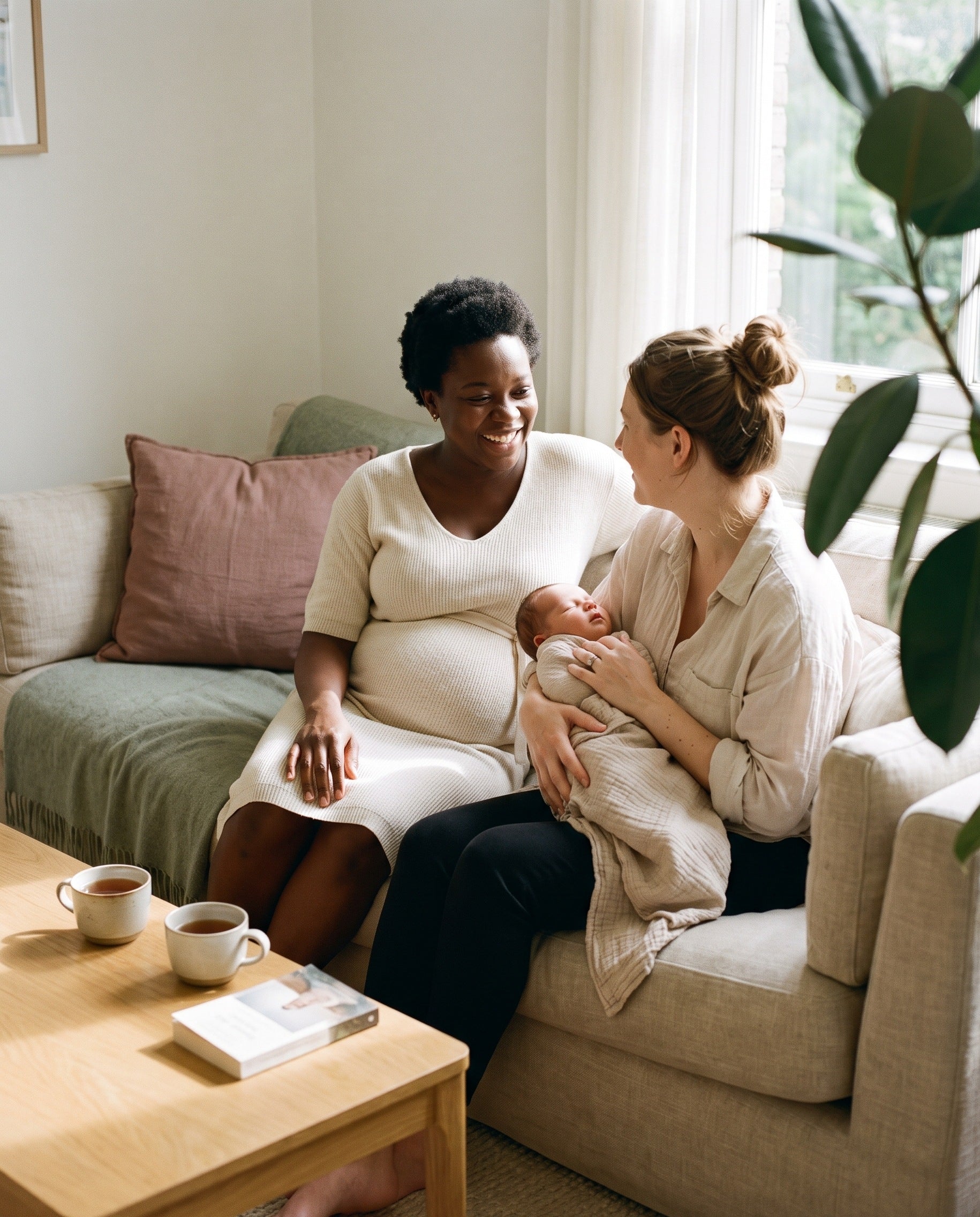 Two friends sharing tea on a sofa, one pregnant and one holding her newborn