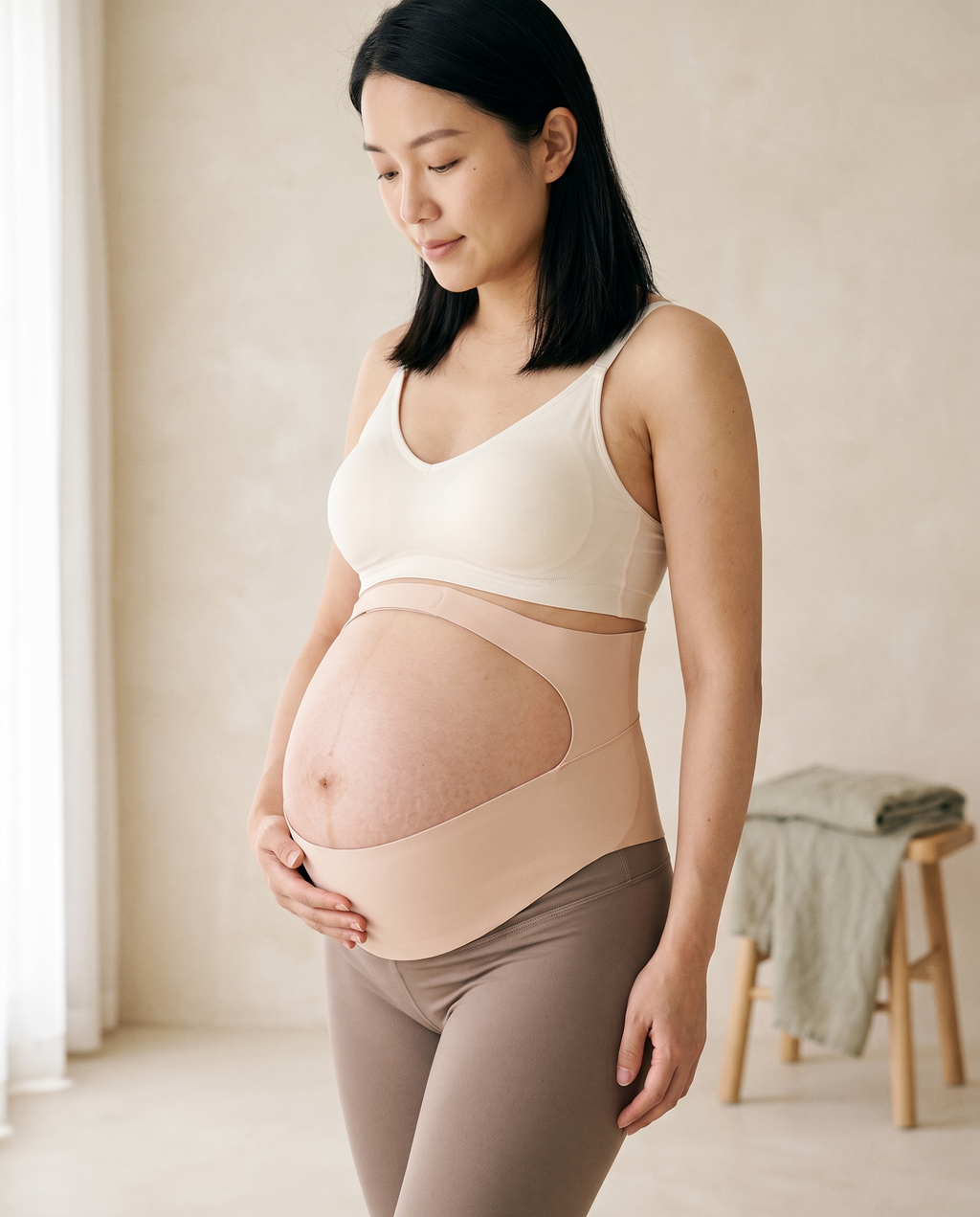 Pregnant woman wearing the Contour Bump Support in beige, cradling her bump