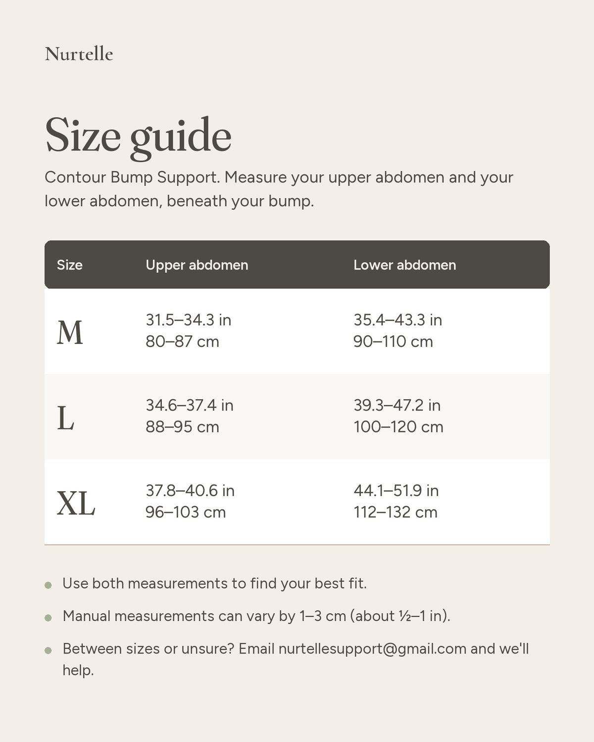 Contour Bump Support size guide: M, L and XL by upper and lower abdomen