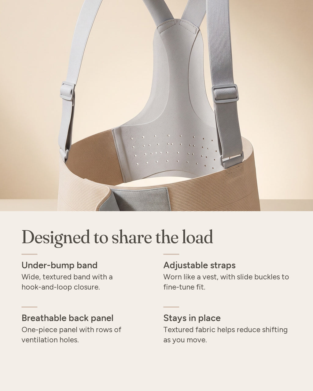 Haven Support Belt features: under-bump band, adjustable straps, breathable back panel, textured fabric