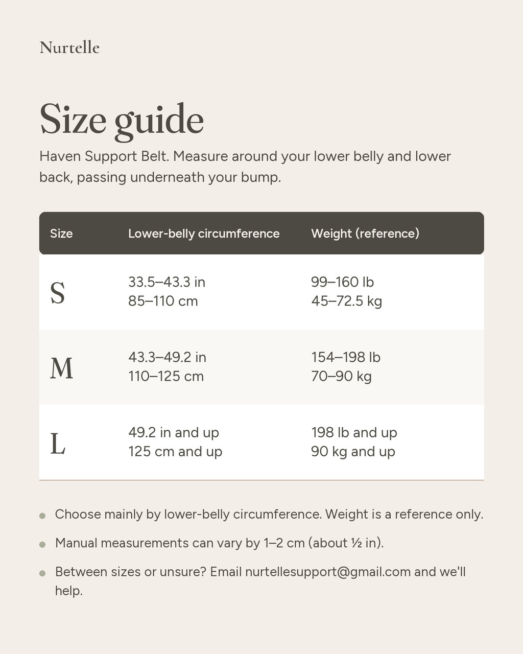 Haven Support Belt size guide: S, M and L by lower-belly circumference