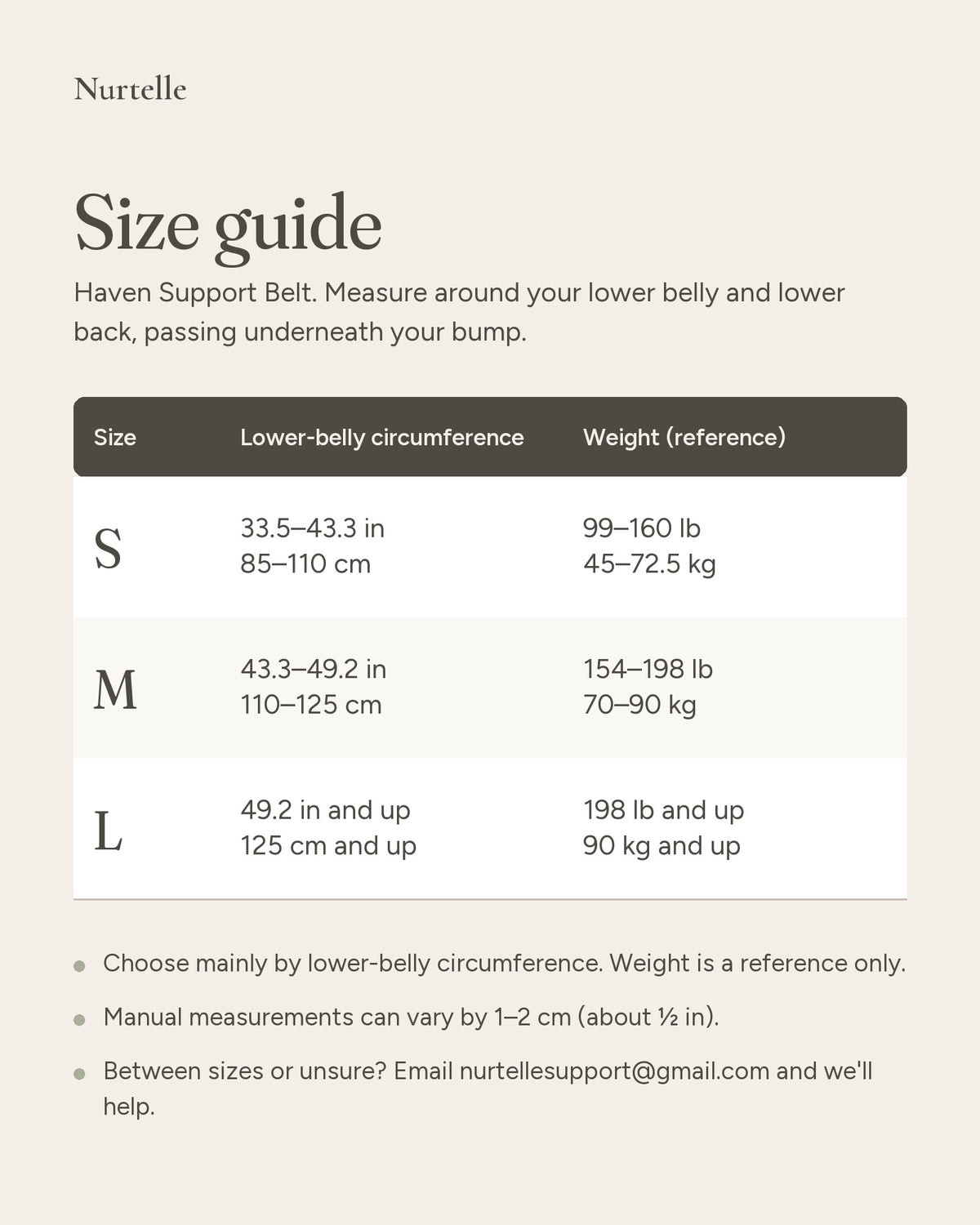 Haven Support Belt size guide: S, M and L by lower-belly circumference