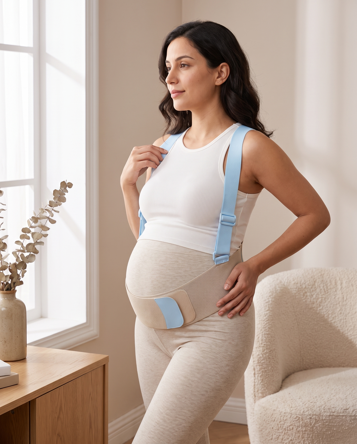 Haven Support Belt in Blue Apricot worn over a white tank
