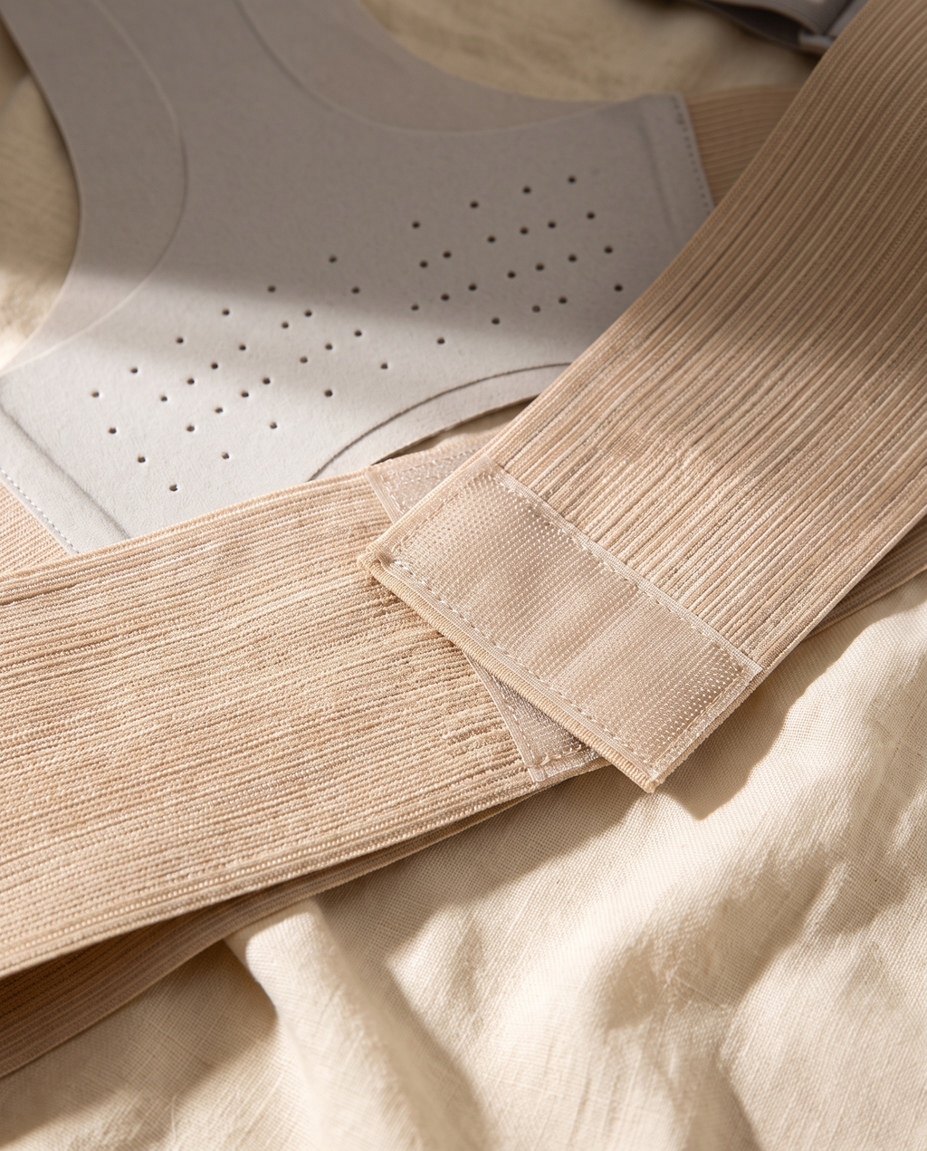 Close-up of the Haven belt's hook-and-loop closure, textured band and perforated back panel