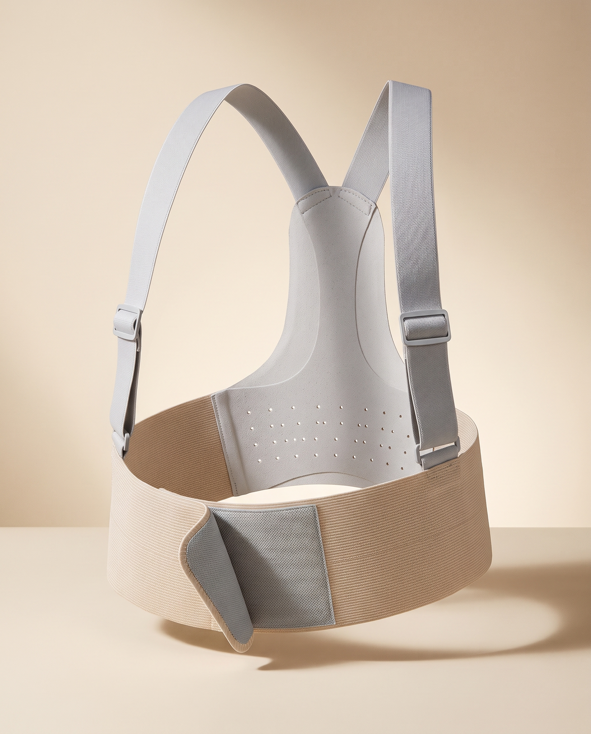 Haven Support Belt in Gray Apricot with shoulder straps, slide buckles and perforated back panel