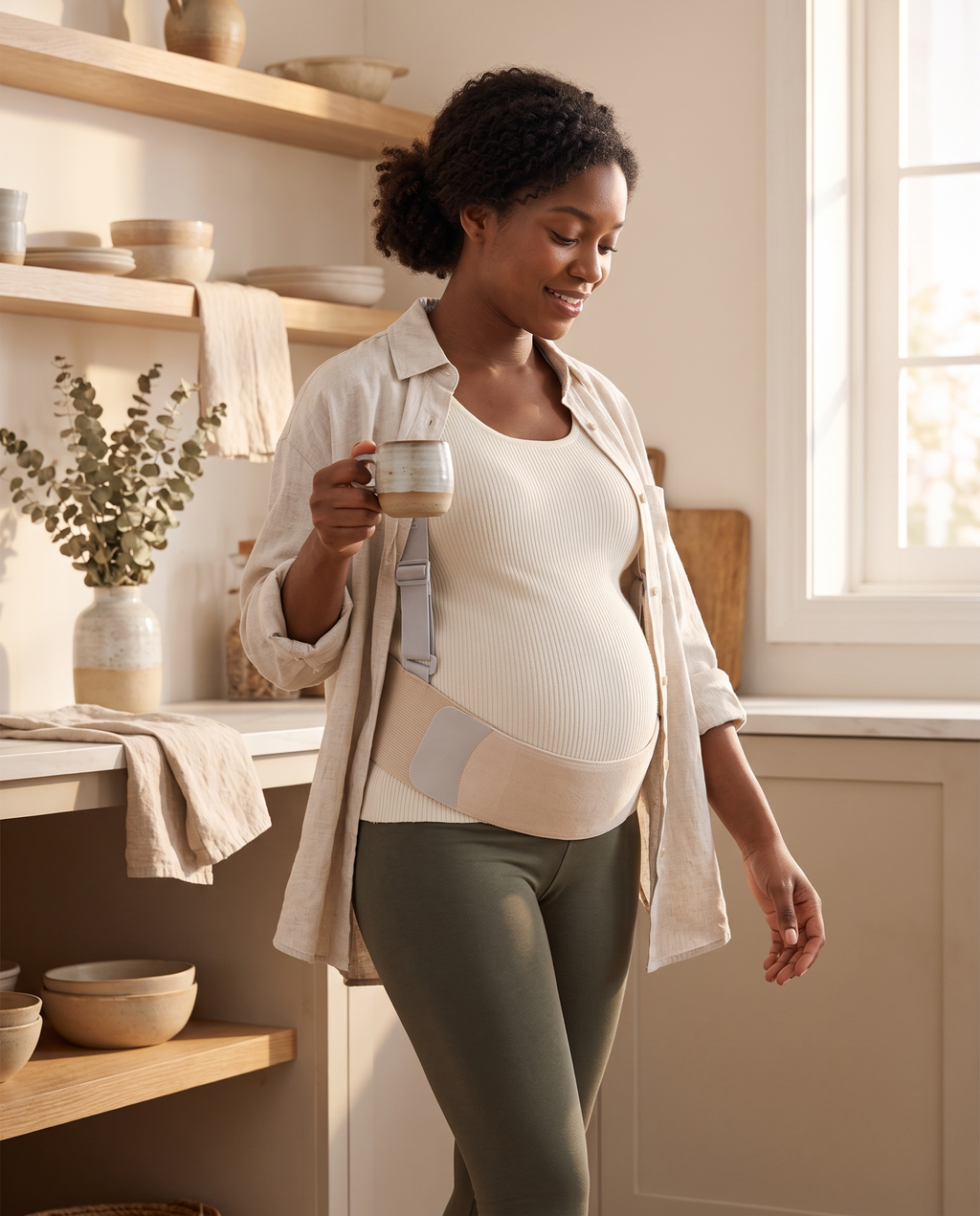 Wearing the Haven Support Belt at home in a sunlit kitchen