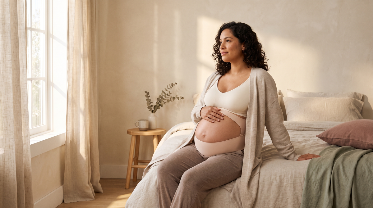 Pregnant woman sitting on a sunlit bed wearing a seamless support band under an open cardigan