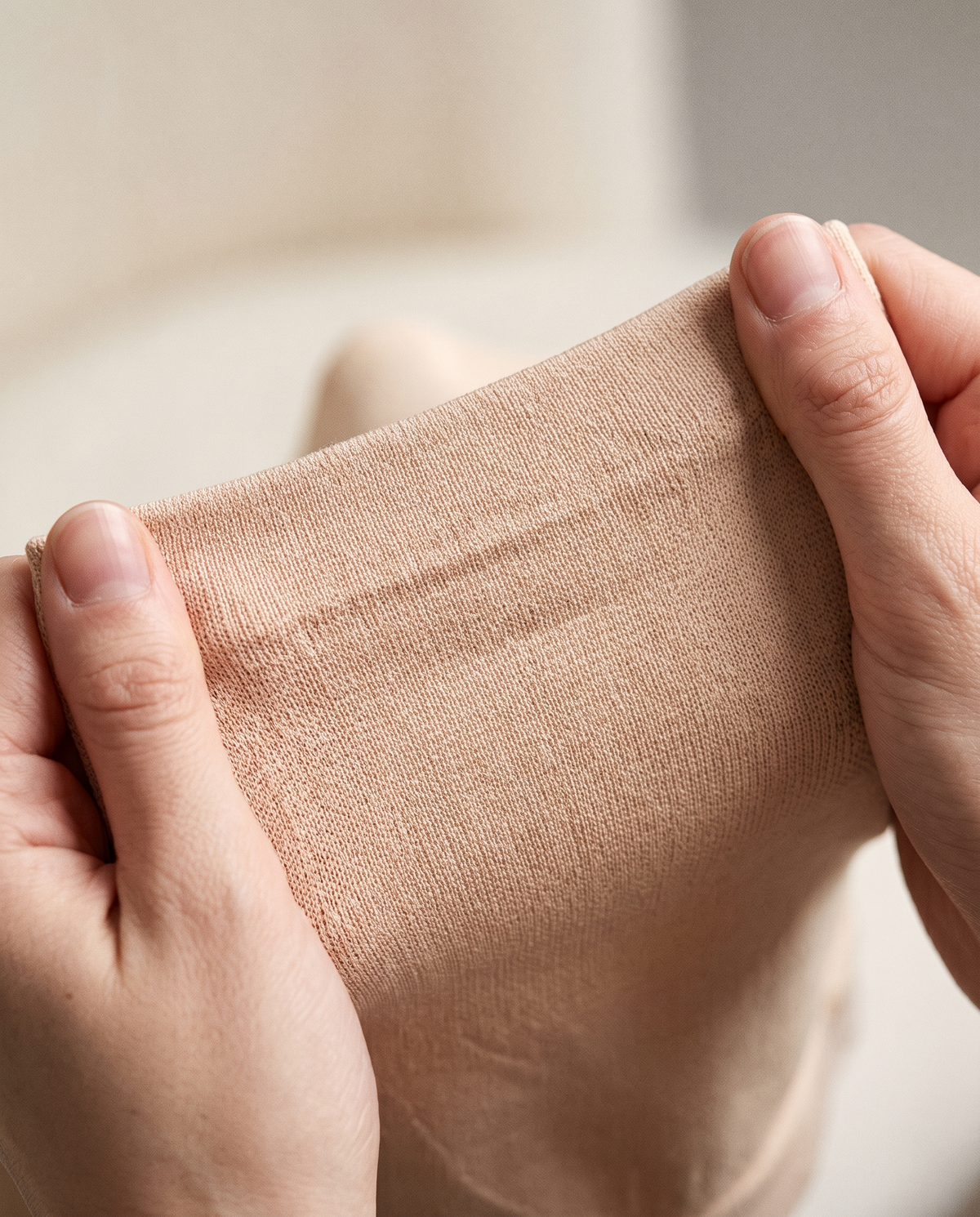 Hands gently stretching the Softline Belly Band to show its seamless knit