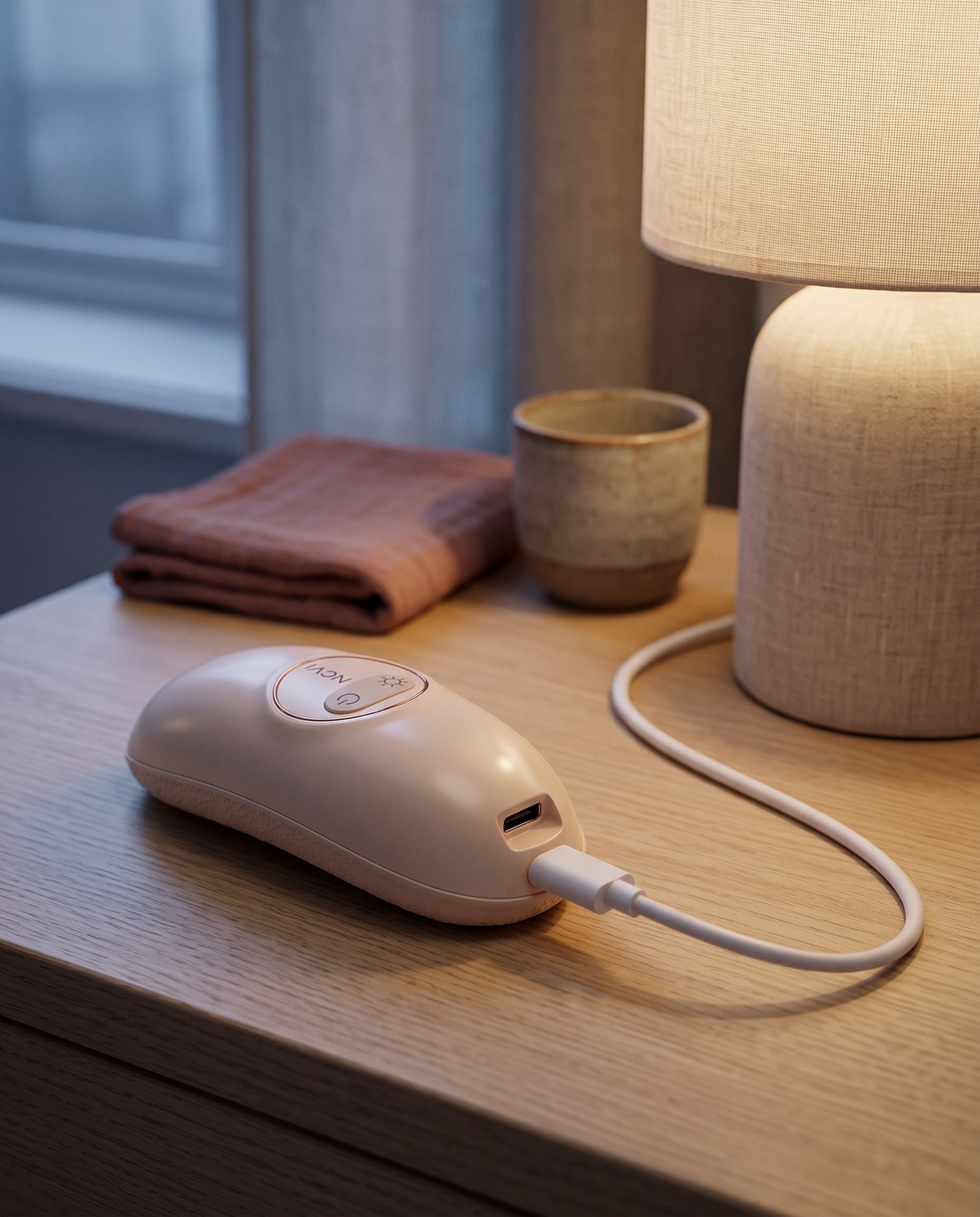 Warming lactation massager charging with a USB-C cable on a bedside table