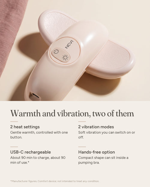 Warmth Duo features: 2 heat settings, 2 vibration modes, USB-C rechargeable, hands-free option