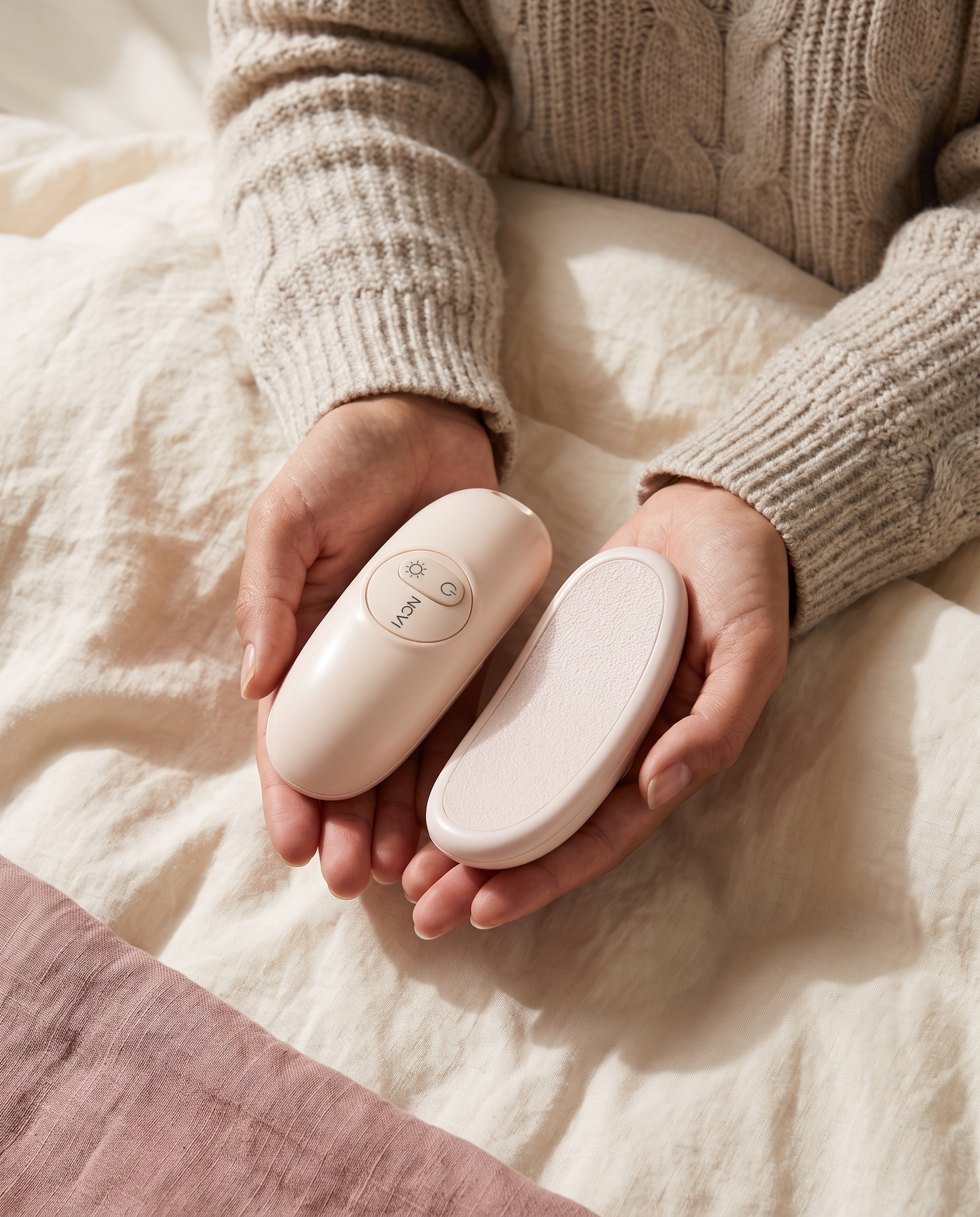 Hands holding the two Warmth Duo lactation massagers