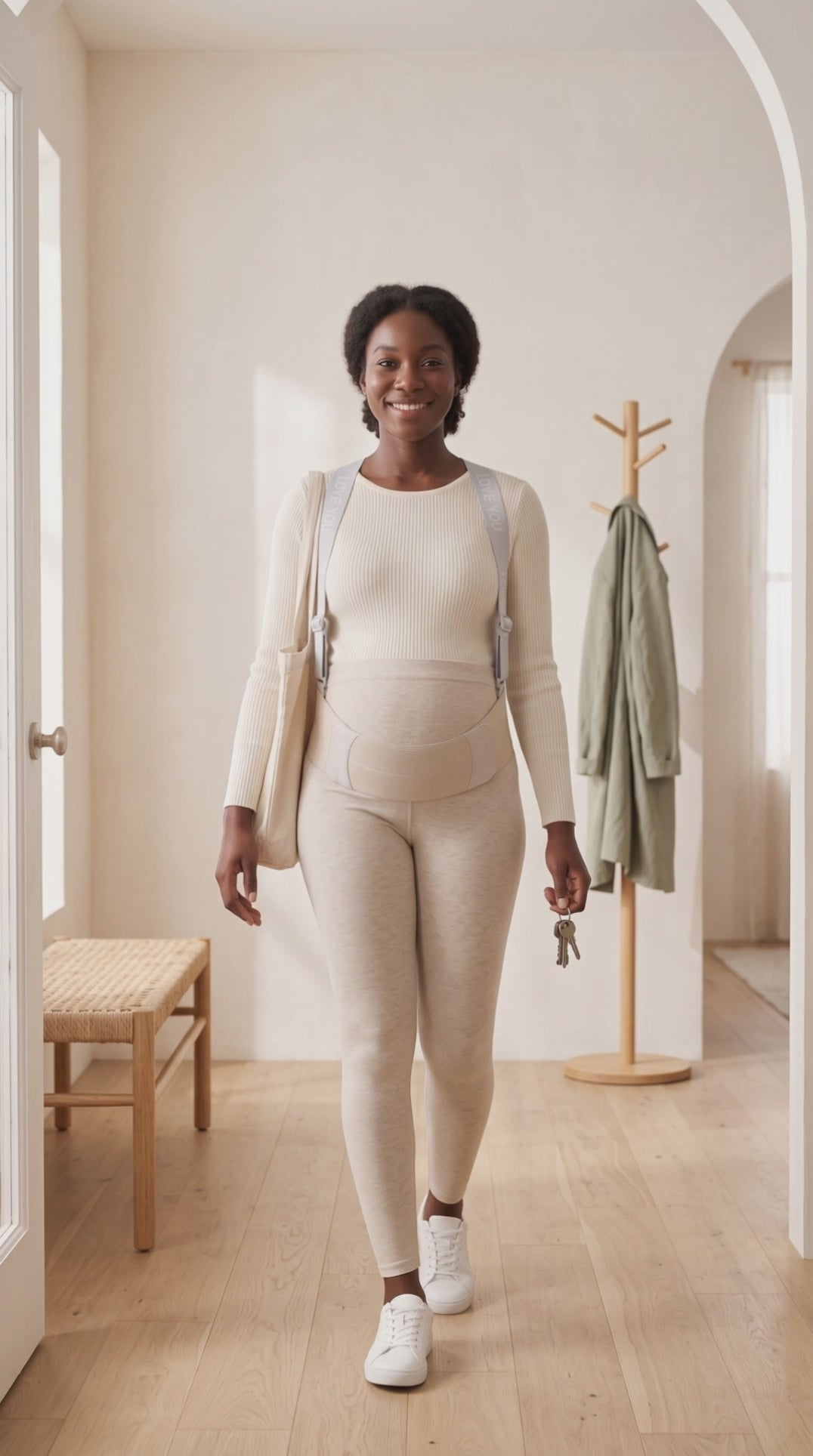Walking through a bright hallway wearing the Haven Support Belt